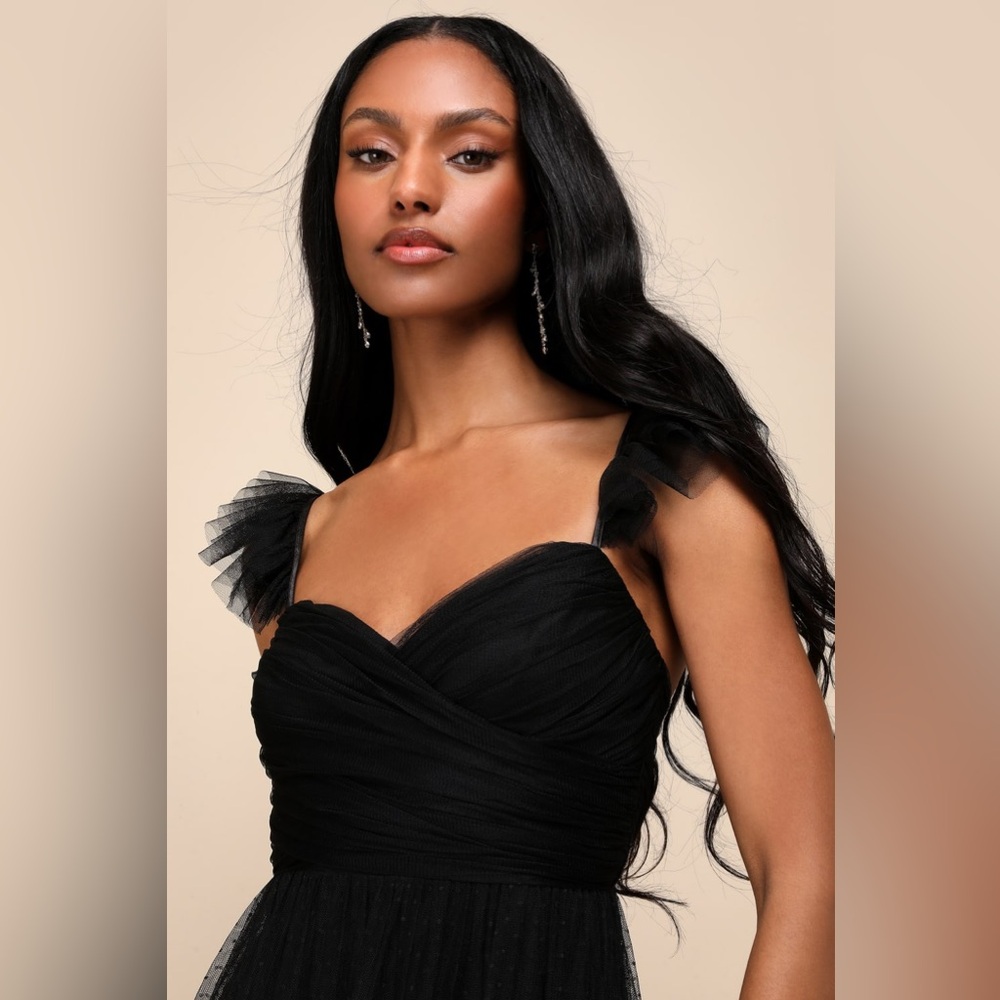 Lulu's Pure Radiance Black Mesh Swiss Dot Tiered Maxi Dress - Picture 4 of 8
